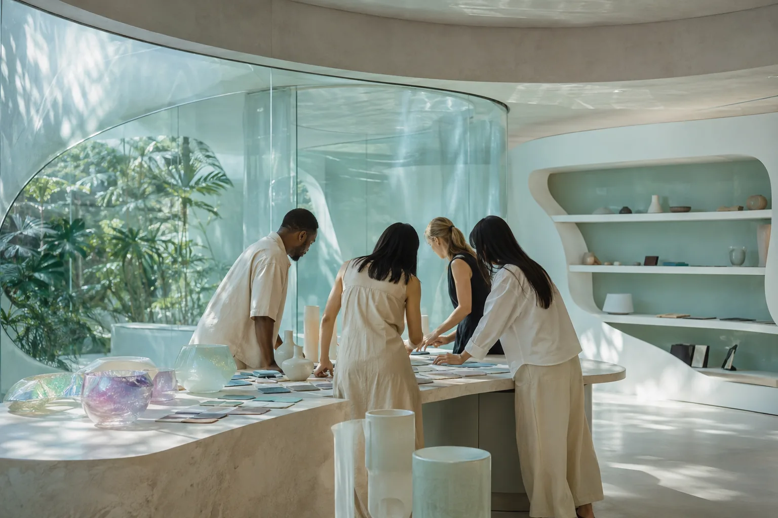 Designers collaborating in Tideform Studio's light-filled creative workspace